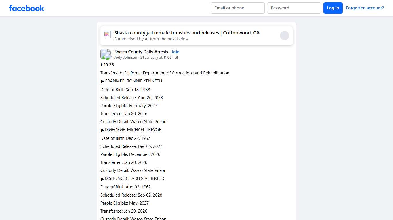 Shasta County Daily Arrests **1.20.26** Facebook