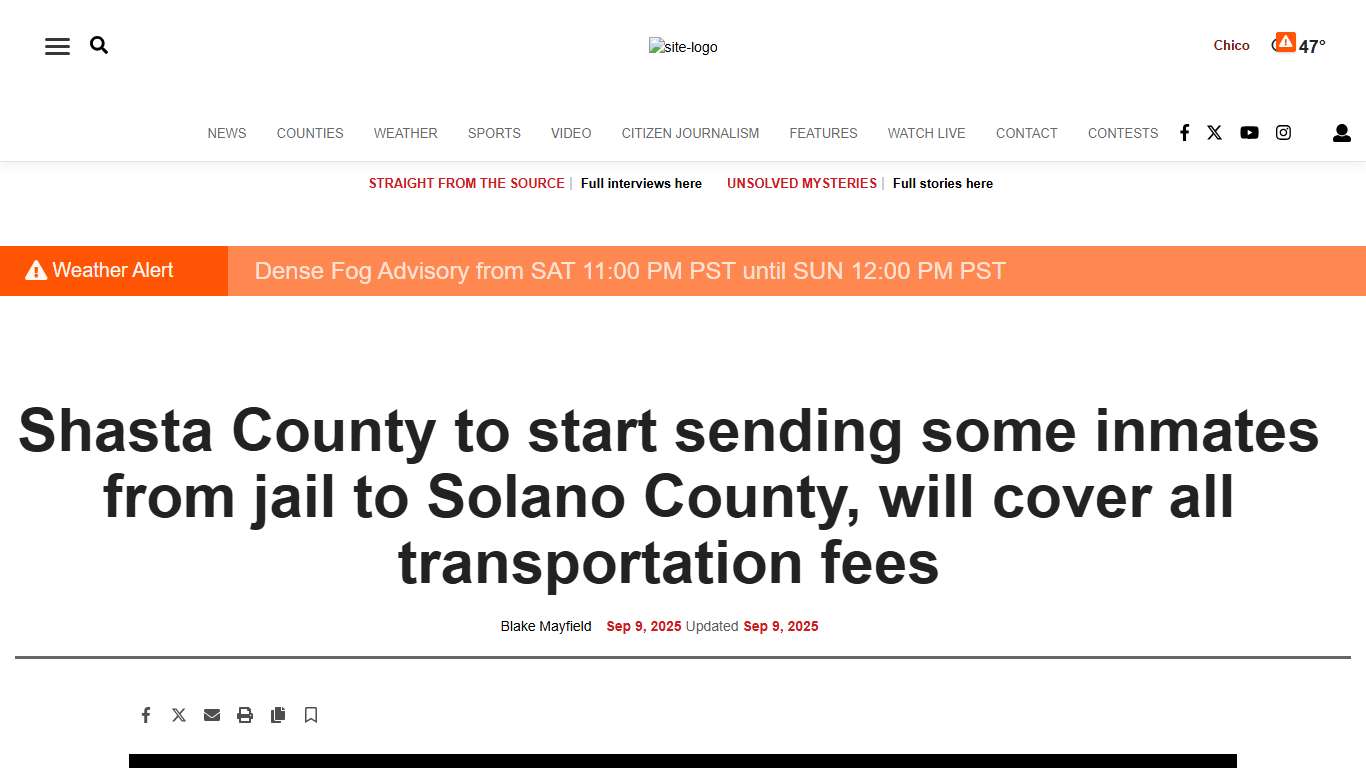 Shasta County to start sending some inmates from jail to Solano County, will cover all transportation fees News actionnewsnow.com